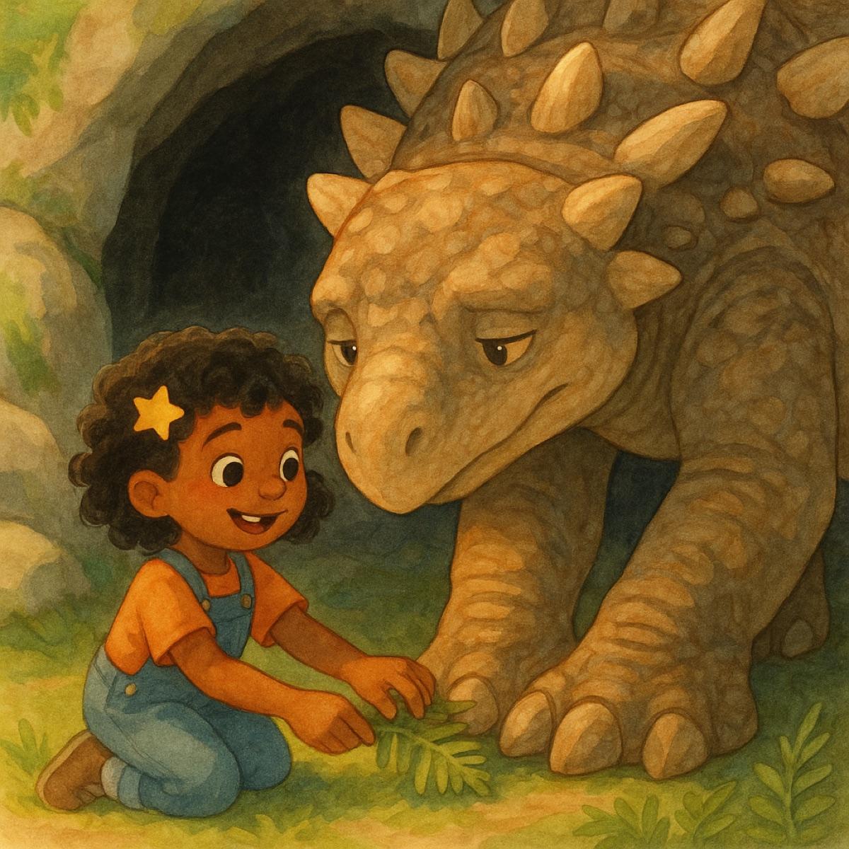 Storybook illustration: Maya, a young girl with curly hair and a yellow star hairclip, kneels in the grass to gently untangle ferns from the toes of a large, sleepy Ankylosaurus outside a cave.